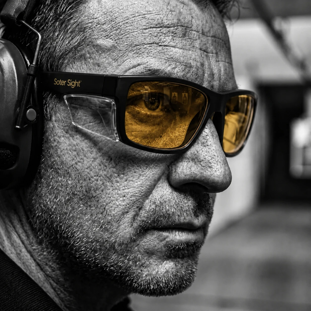 New Soter Sight rectangular frame with amber lenses worn with hearing protection