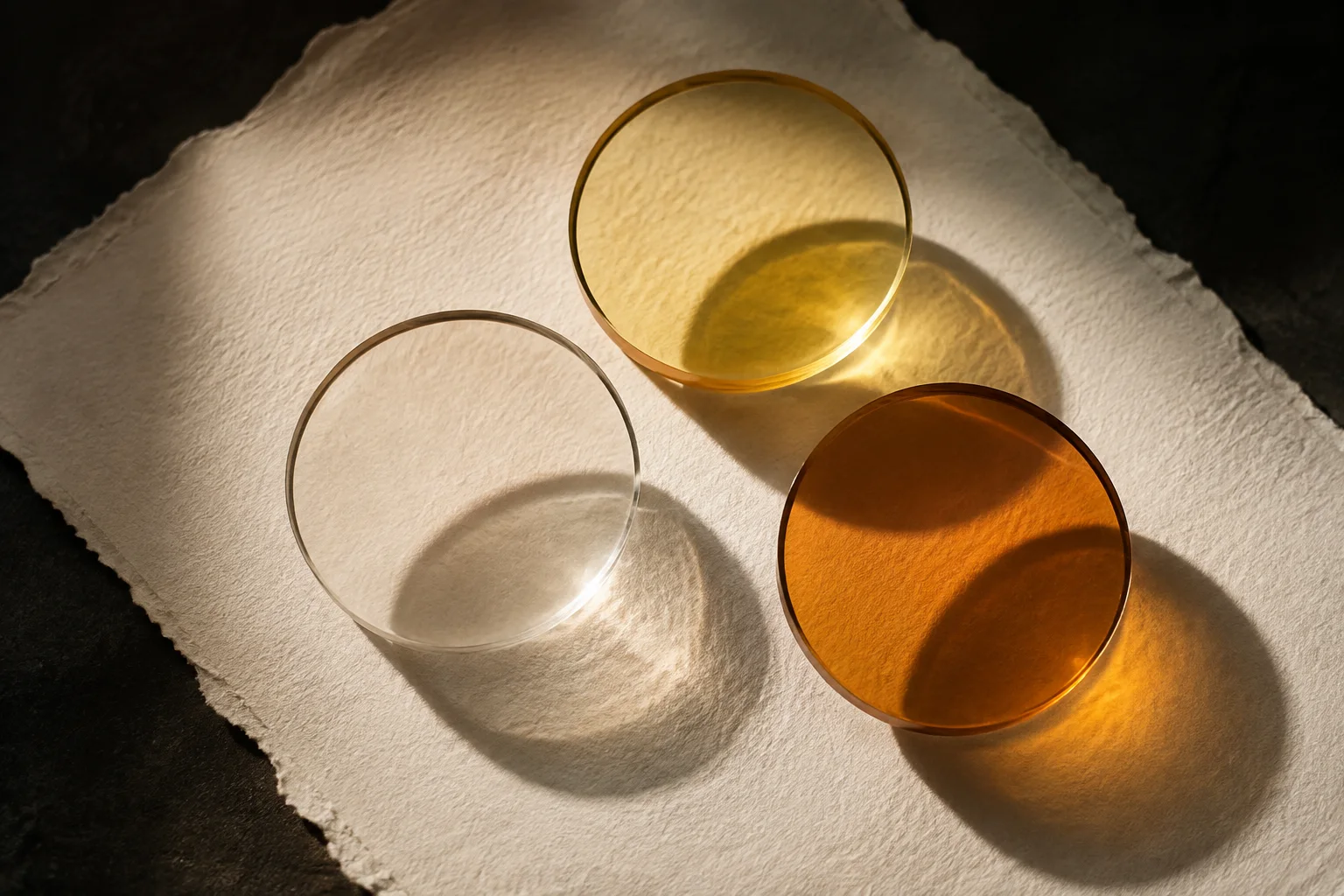 Three round clear, pale-yellow and amber optical tint samples viewed from above