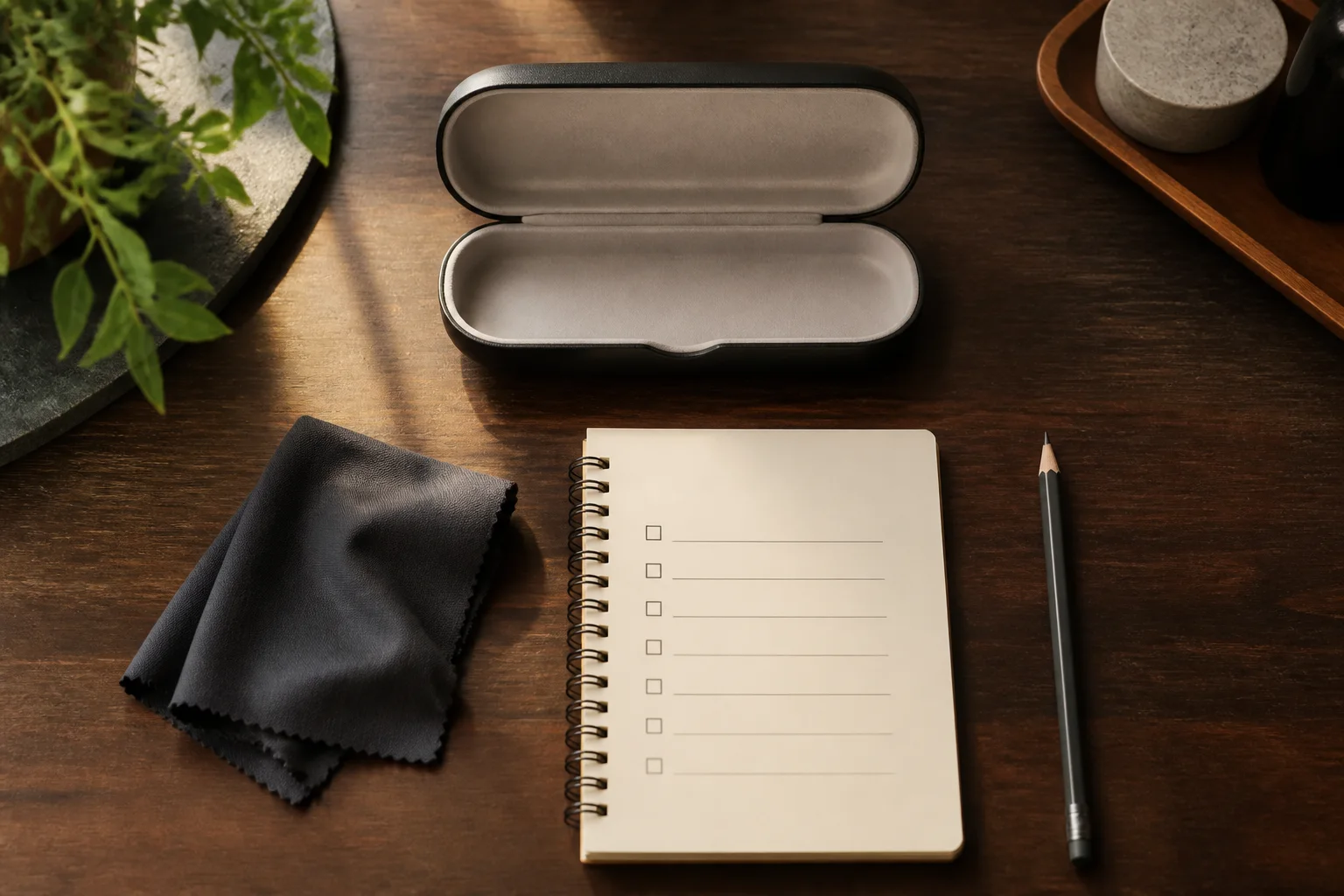 Open eyewear case, microfiber cloth and blank notebook on a consultation desk