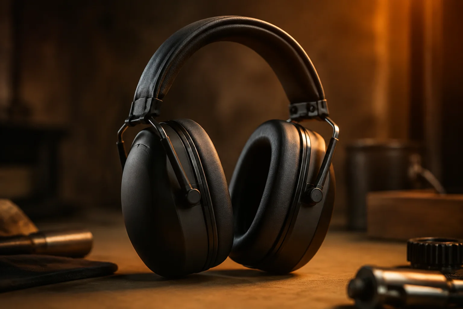 Black over-ear hearing protectors with cushioned ear cups on a workbench