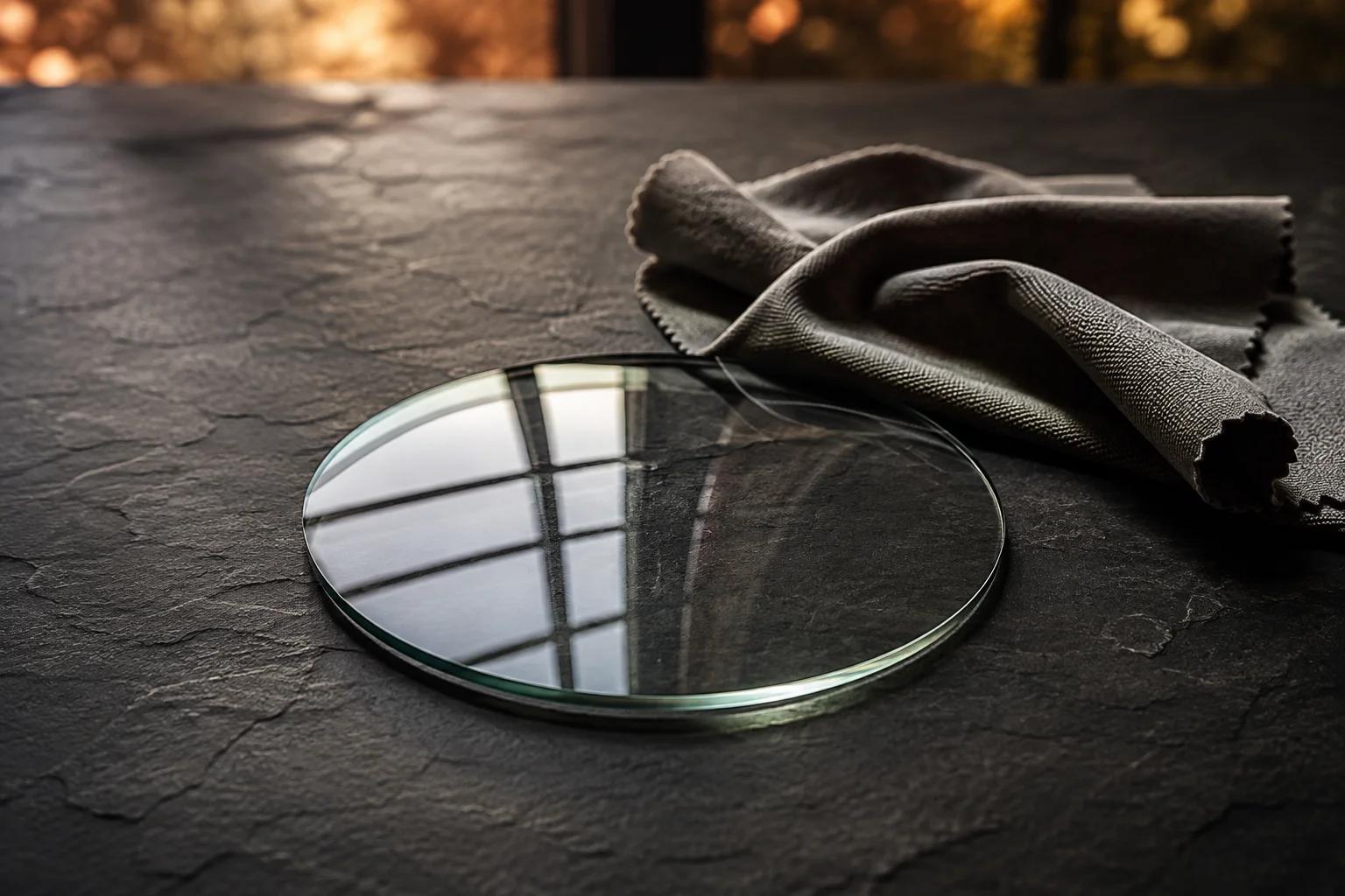 Transparent optical glass sample and microfiber cloth on a dark tabletop