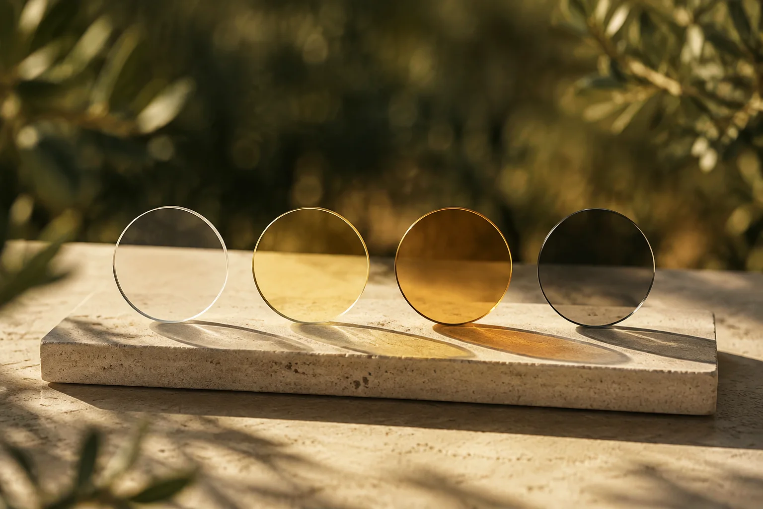 Clear, yellow, amber and smoke optical filters illuminated from the side