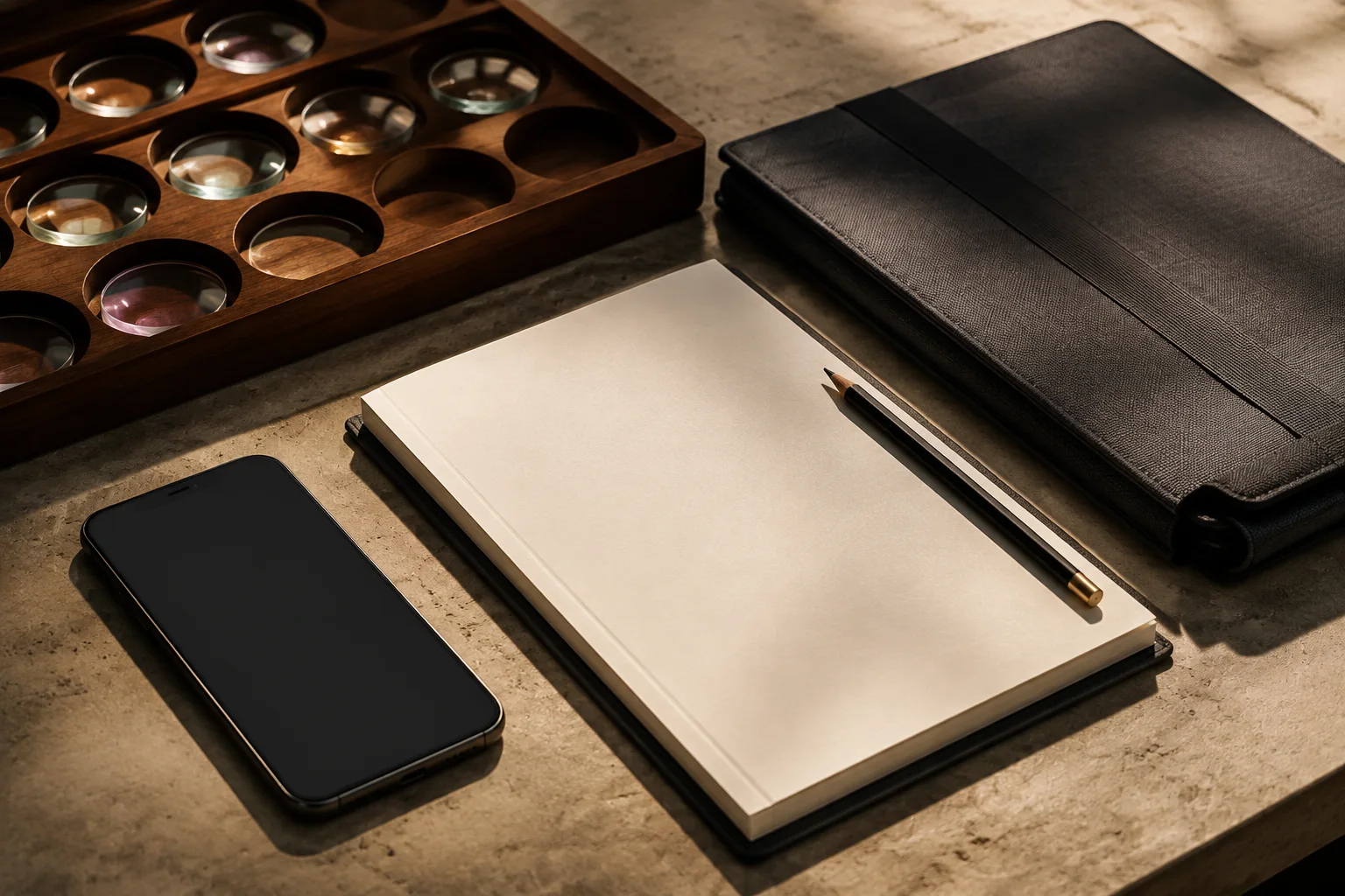 Phone, document folio, notepad and optical sample on a consultation desk